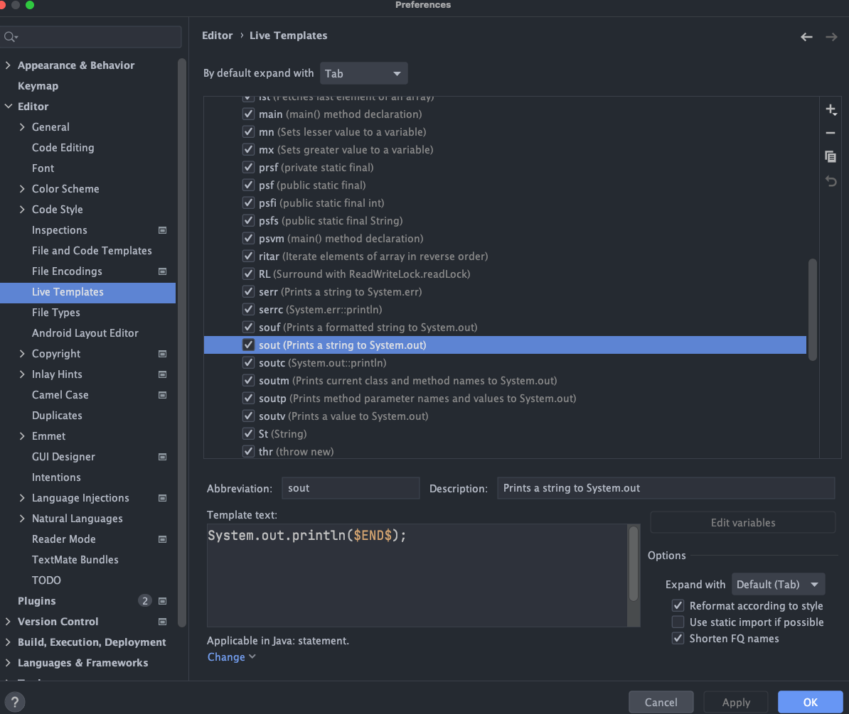 配置LiveTemplates